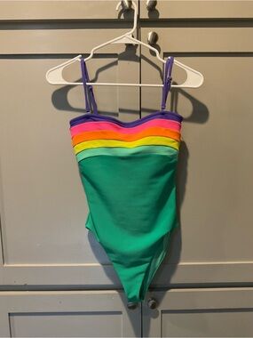 Colorblock Green One-Piece Swimsuit with Rainbow Trim